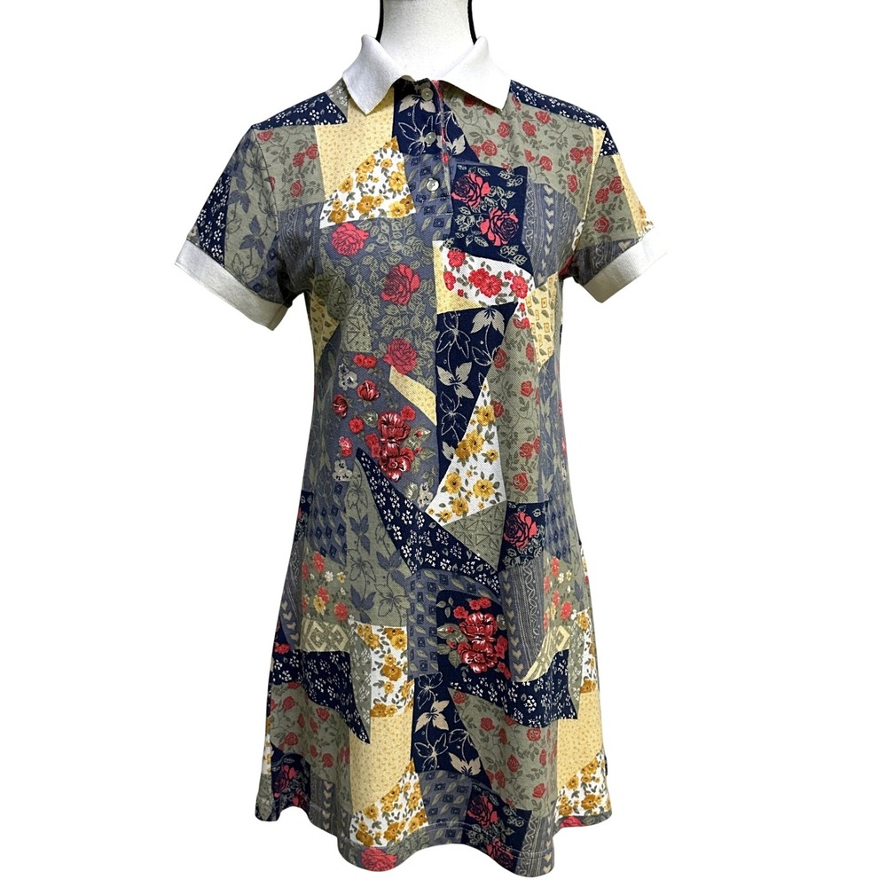 Vintage Blue Patchwork Floral Polo Dress Small Cottagecore 90s Retro Twee Preppy